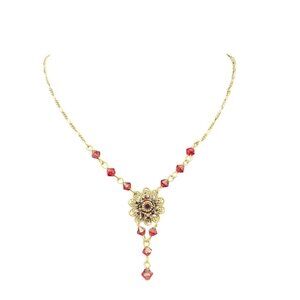 Vintage Signed Bonnie J Silver Tone & Red Beaded Floral Pendant Necklace With Ad